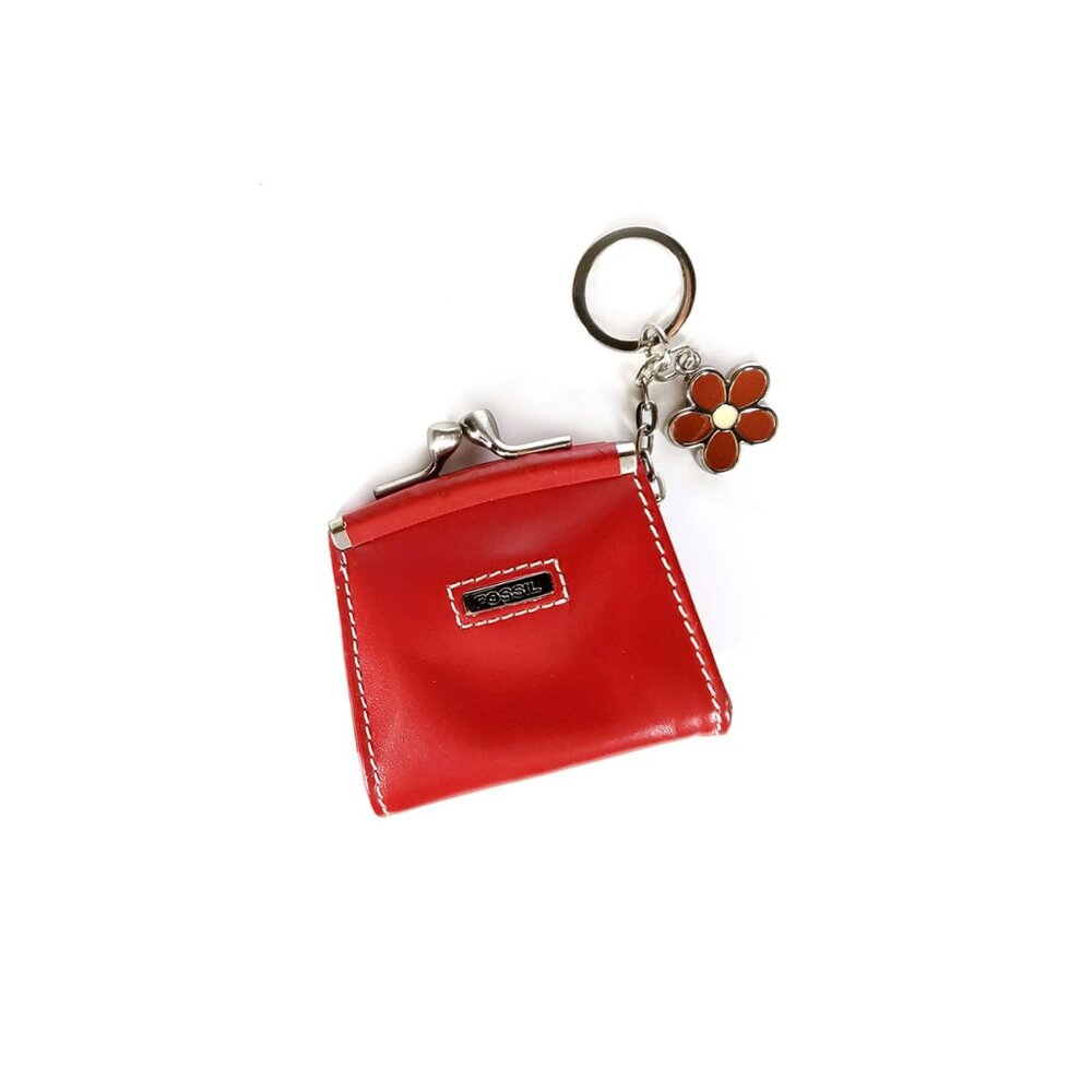 Vintage FOSSIL Red Leather Chain Key FOB Micro Purse Design *RARE*